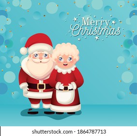 santa claus y la Sra. santa claus con alegres navidades diseño de ilustración vectorial con letras