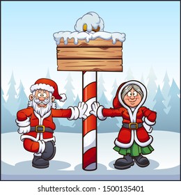 Santa Claus and Mrs. Santa at North Pole with wooden sign clip art. Vector illustration with simple gradients. Some elements on separate layers. 
