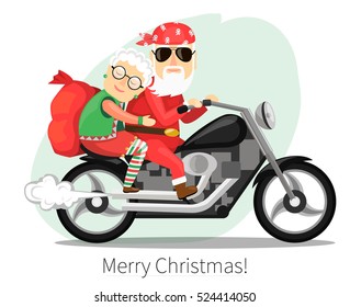 Santa Claus and Mrs. Claus riding on a steep motorcycle. Vector illustration in a flat style.