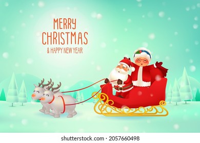 Santa Claus and Mrs Claus Sleigh Sled Reindeer, Winter season landscape for Christmas scene