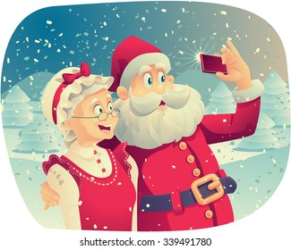 Santa Claus y la Sra. Claus tomando una foto juntos - Dibujo vectorial de Santa Claus y su esposa tomando juntos una foto de Navidad. 
