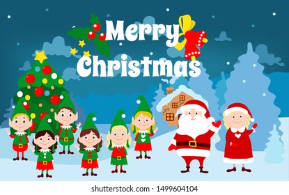 Santa Claus and Mrs. Santa Claus, together with the elves, are standing in front of the house and waving their hands. Merry Christmas text. Festive New Year vector illustration.