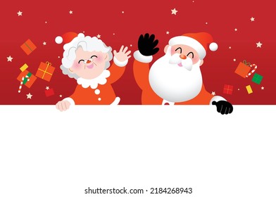 Santa Claus and Mrs Claus waving with blank horizontal signboard template vector illustration with gift boxes and snowflakes in background.