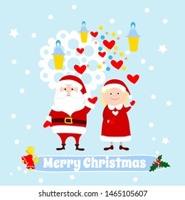 Santa Claus and Mrs. Santa Claus waving their hands. Christmas and New Year set. Vector illustration of christmas cartoon characters.