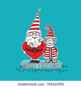 Santa Claus and Mrs Claus with the words merry christmas and star lights on an aqua background, vector illustration.