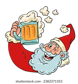 Santa Claus and a mug of beer with foam. Spending the new year in a fun company with food and drinks. Good mood on the eve of the holiday.