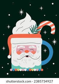 Santa Claus mug. Ceramic cup with tea and cream. Christmas postcard. Green tree background. Vector illustration. SHOTLISTgifting