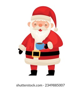 Santa Claus con taza de té o chocolate caliente, personaje feliz de feliz Navidad sonriente, elemento con sombras