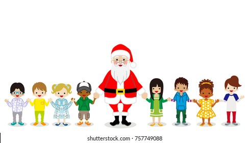 Santa Claus and Multi Ethnic Children holding hands