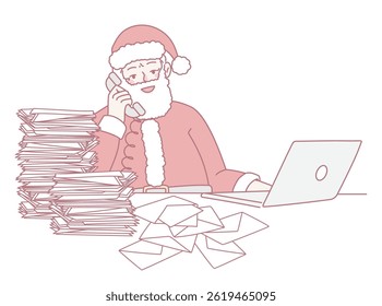 Santa Claus multitasking with phone and laptop, sorting through letters and paperwork for the holidays.