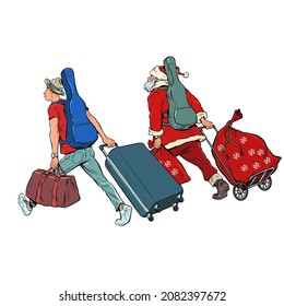 Santa Claus and the musician guitarist go on tour. Christmas and New Year, winter seasonal holiday in December