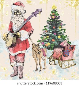 Santa Claus musician - he goes to play Christmas Carols on the Banjo. Description: Editable in ten layers. Number of colors in each layer: no more than sixteen.