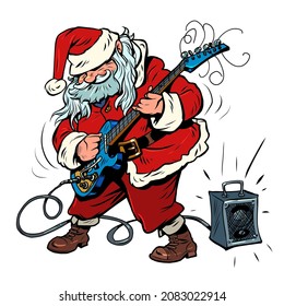 Santa Claus is a musician playing an electric guitar with a speaker. Christmas and New Year winter holidays