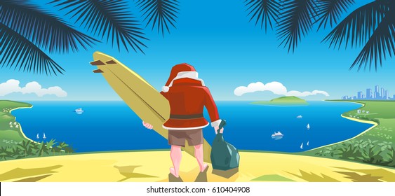 Santa Claus Near The Beach With Surf Board