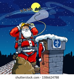 Santa Claus near chimney. In the background sleigh with reindeer on starry sky and full moon