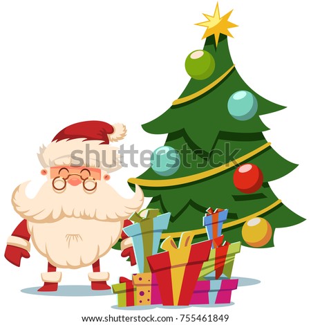 santa claus near christmas tree and pile of gifts boxes vector cartoon illustration isolated on - Santa Claus Christmas Tree santa claus near christmas tree and pile of gifts boxes vector cartoon illustration isolated on - Santa Claus Christmas Tree