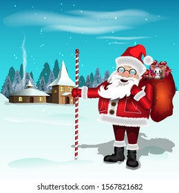 Santa Claus near his house with a bag of gifts