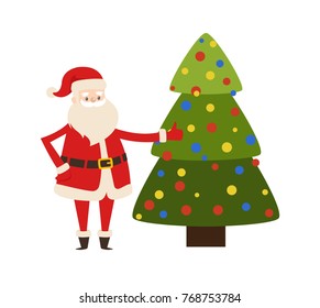 Santa Claus near New Year tree vector illustration poster with decorated spruce and Saint Nicholas character vector isolated on white