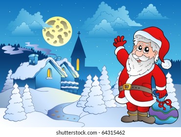 Santa Claus near small village 2 - vector illustration.