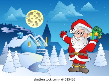 Santa Claus near small village 1 - vector illustration.