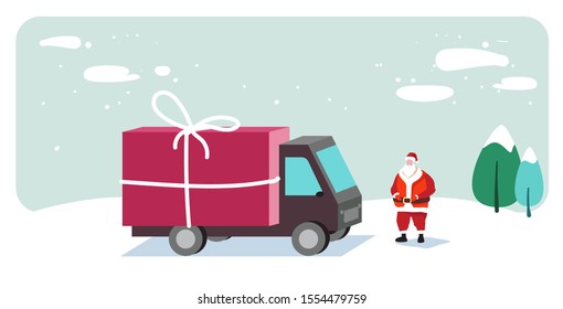 santa claus neat truck with gift box container merry christmas happy new year holiday celebration concept greeting card horizontal vector illustration