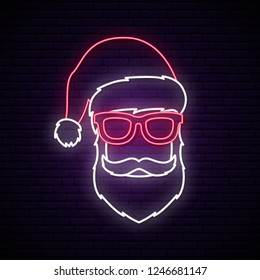 Santa Claus neon sign. Bright signboard. Vector Christmas design.