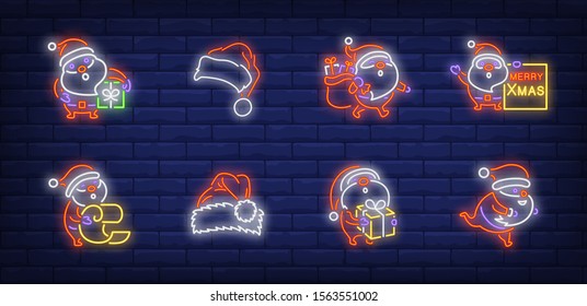 Santa Claus neon sign set. Cute character holding present, carrying bag with gifts, reading list. Vector illustration in neon style, bright banner for topics like Xmas, Christmas party, holiday