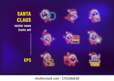 Santa Claus neon signs set. Bag, gift, present and chimney. Vector illustrations for night bright advertisement. Celebration and season holiday concept