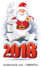 Santa Claus with new books in 2018 over abstract winter background.
