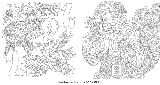 Santa Claus and New Year decorations. Christmas ball, jingle bells, candle, candy stick, ribbons, holly berry, fir branch. Adult anti stress coloring book page with zentangle elements.