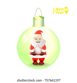 santa claus with a New Year's ball in hands in a glass New Year's ball. vector illustration for your design on a white background