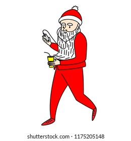 Santa Claus New Year's character, festive mood. Congratulations on a white background, for design of cards, stickers, prints. Vector.