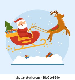 Santa Claus in a New Year's sleigh with gifts and a deer flies in order to leave them under the tree. New Year's snowy atmosphere. Merry christmas and a merry new year. Banner concept.