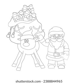 Santa Claus next to a funny reindeer loaded with a big Santa sack full of gifts. Black and white. Cartoon vector iillustration for coloring book.