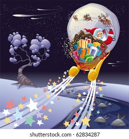 Santa Claus in the night. Cartoon and vector landscape, isolated objects.