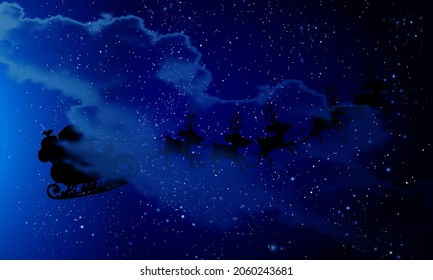 Santa claus in the night cloudy sky, vector art illustration.