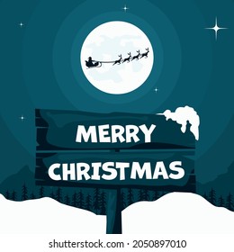 santa claus in night scene with his sleigh and christmas reindeer