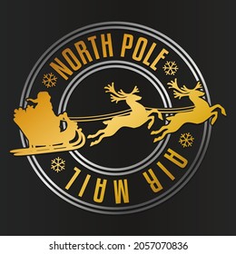 Santa Claus North Pole Air Mail Delivery Quality Original Stamp Design Vector Art Round Seal.