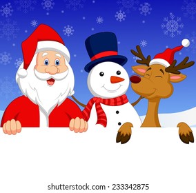 Santa Claus with nosed reindeer and snowman holding blank sign