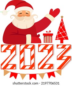 Santa Claus with numbers of the year 2023. Typography for holiday greeting.
