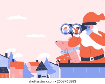 Santa Claus observing the town through binoculars with reindeer, Christmas festival illustration