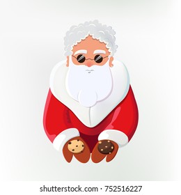 Santa Claus offering cookies. Stylish Santa wearing sunglasses as an element for secret Santa party poster.