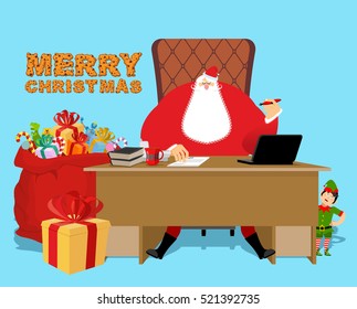 Santa Claus Office. Christmas work. Desk and chair boss. Grandpa director of new year. Cheerful elf. Santas Magic Residence at North Pole. Workplace and red gift bag.  fir-tree