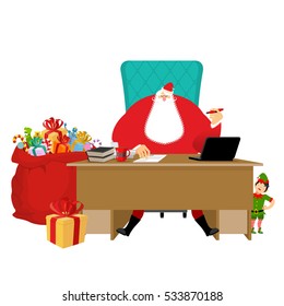 Santa Claus Office. Christmas work. Desk and chair boss. Grandpa director of new year. Cheerful elf. Santas Magic Residence North Pole. Workplace and red gift bag. fir-tree. 