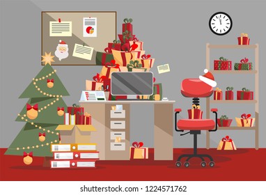 Santa Claus office with mountain of gifts. Piles of present boxes with ribbons and Stack of documents lie on table, floor, shelf. Interior of room is decorated with Christmas tree. Flat cartoon vector