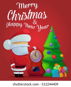 Santa claus on 2017 new year or christmas eve. Greeting card with Kris Kringle or poster with fir-tree and gift or present boxes. Holidays or celebration near tree and clocks theme, festive theme