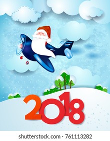 Santa Claus on the airplane by day with text, vector illustration eps10