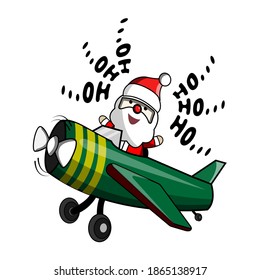 Santa Claus is on an airplane with a happy laugh