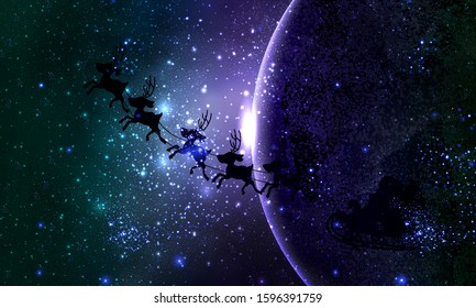 Santa Claus on the background of the space planet, vector art illustration.