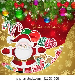 Santa Claus on the background of sweets, decorated Christmas balls branches. Red background and gold layers, decorated with snowflake patterns. Christmas card.